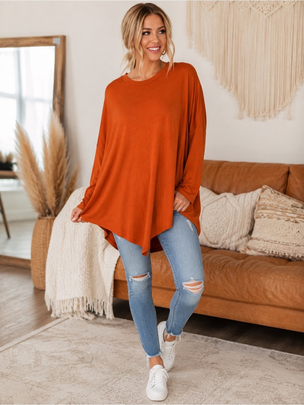 Azules Rust Orange Asymmetrical Tunic Top Long Sleeve Soft Stretch USA Made S